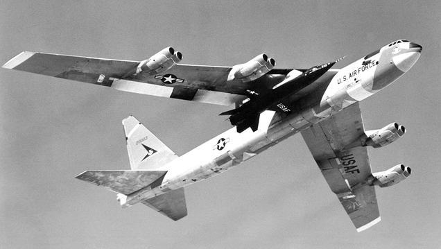 The X-15 suspended from the wing of its B-52 Stratofortress mothership. (US Air Force)